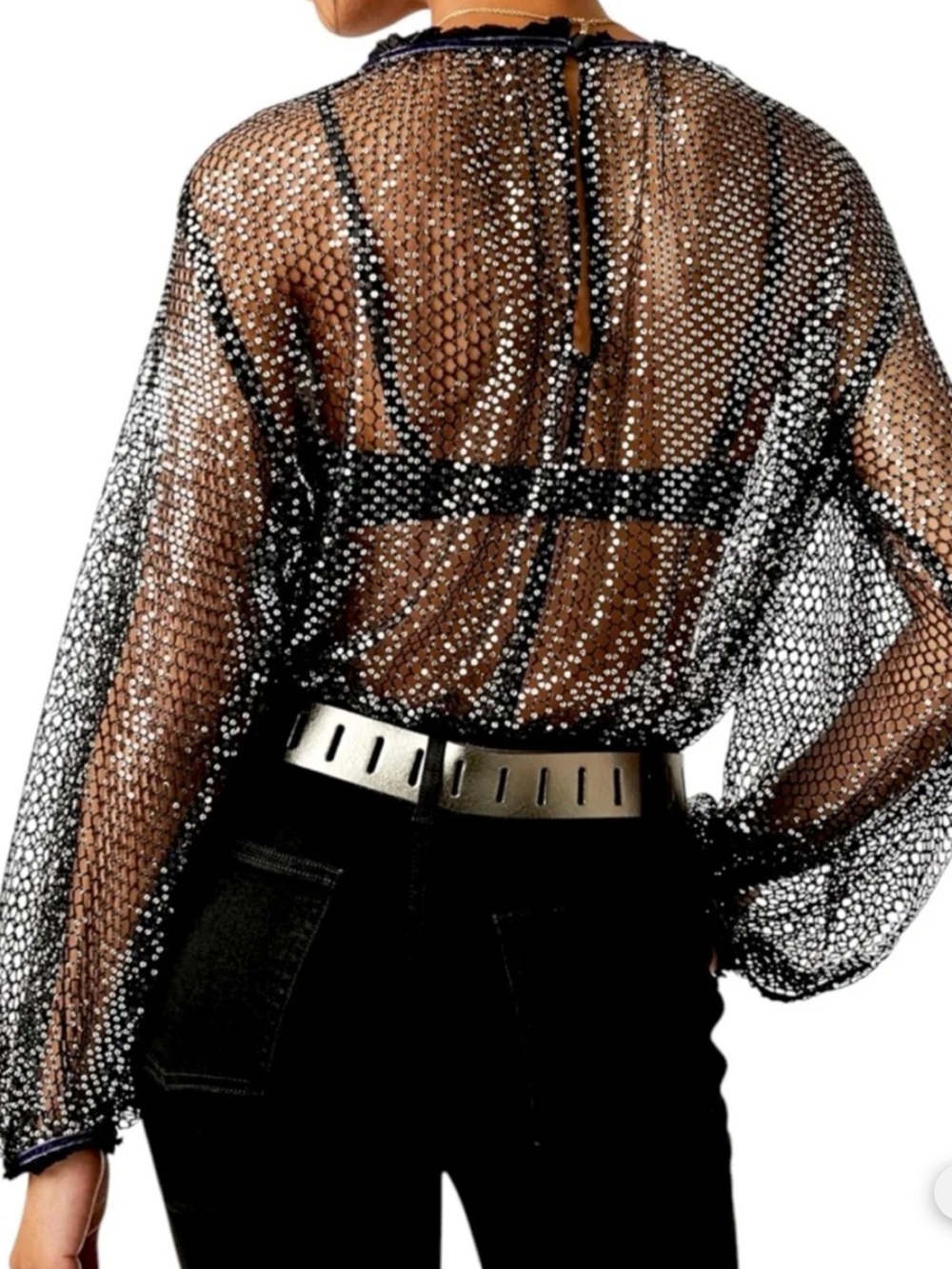 Free People Black Mesh Sequin Blouse with Silver Sparkle - Picture 5 of 5
